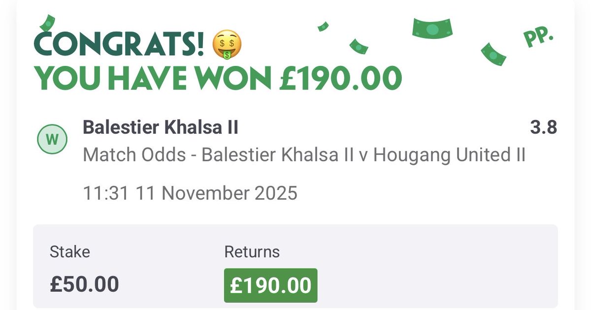 A good start to the week in our EV+ group as we lock in +6.6 units profit from only 3 bets 🔒💰

- Olympique de Beja @ 6.50 🇹🇳✅
- Balestier Khalsa II @ 3.10 🇸🇬✅
- Carrick Reserves @ 3.80 ☘️❌

Comeand make a second income with us and sign up via link below for a FREE 14-day
