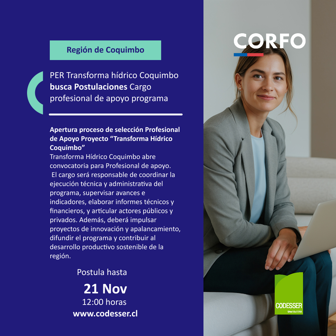 CodesserC's tweet image. #CodesserInforma
Nuevas convocatorias de profesionales para trabajar en la región de #Coquimbo en el Programa Estratégico Regional Transforma Hídrico Coquimbo.
Todos los detalles en: codesser.cl/licitaciones/
¡Postula!
#ofertalaboral #trabajaenCodesser #desarrolloregional