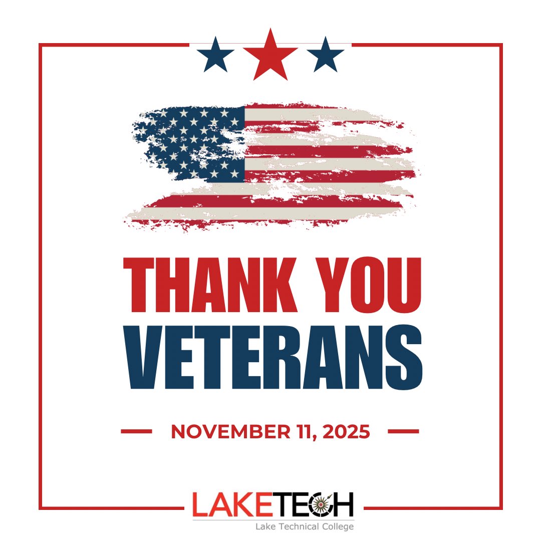 Lake Tech is closed today in honor of Veterans Day. Offices will reopen tomorrow.
To all who have served—thank you for your courage and sacrifice. 🇺🇸