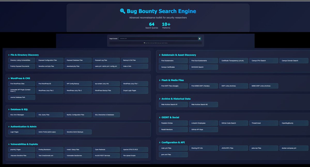 viehgroup's tweet image. Bug Bounty Search Engine

Google advanced search queries generator for target domain:

File &amp;amp; Directory Discovery
Vulnerabilities &amp;amp; Exploits
Subdomain &amp;amp; Asset Discovery
And lot more

github.com/gatiella/Bug-B…

#InfoSec #BugBounty #bugbountytips #CyberSecurity