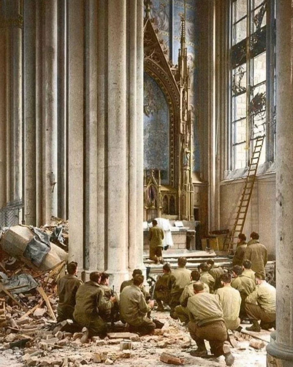 American soldiers at Mass in the ruins of Cologne Cathedral, March 1945.

Happy Veterans Day! God BLESS each &amp; every soul who has served this grateful nation!!! 🙏♥️🇺🇸🎉