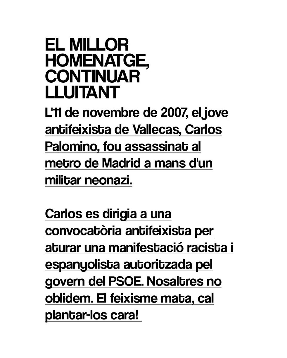 SEPC_nacional's tweet image. 🌹 EL MILLOR HOMENATGE, CONTINUAR LLUITANT

Nosaltres no oblidem a Carlos Palomino i la seva lluita, així com tampoc la de tots els joves antifeixistes a qui la vida els fou furtada. Carlos, Guillem, Gustau, Miquel...

El feixisme mata, és el nostre deure plantar-li cara!