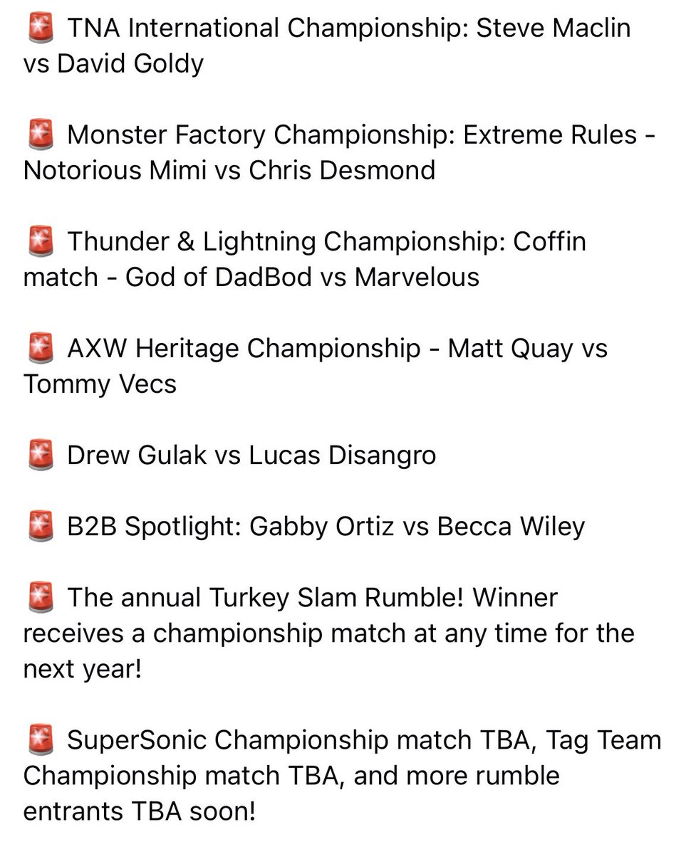 A lot of great matches are scheduled for the world famous <a href="/4MonsterFactory/">Monster Factory</a>’s Turkey Slam 2025 at the historic <a href="/2300Arena/">2300 Philadelphia</a> on Saturday November 22!

To see an awesome #prowrestling show in person, get your tickets here: 2300arena.showare.com/orderticketsve…

#Philadelphia #Philly #Wrestling #TNA