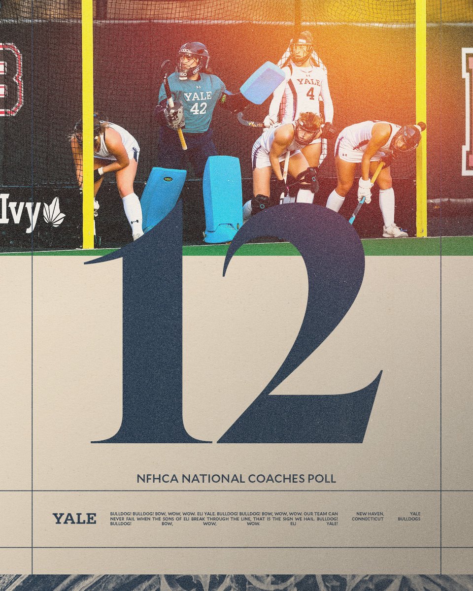 YaleFieldHockey's tweet photo. Heading into the NCAA Tournament, we move 🆙 four spots to #️⃣1️⃣2️⃣ in this week’s NFHCA poll! #ThisIsYale https://t.co/I9DPbF9wOc