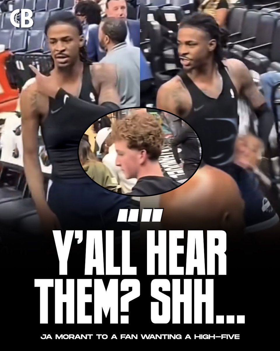 CourtsideBuzzX's tweet image. “Y’ALL HEAR THEM? SHH…” 

Ja Morant to a young Memphis Grizzlies fan who tried to get a high-five during a quiet, pregame moment in the arena 👀🗣️

Thoughts? 🤔

Via. @jefeisland