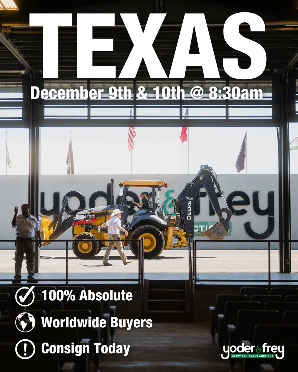 yoderandfrey's tweet image. 📢Our next Texas sale returns on December 9th &amp;amp; 10th📢
If you would like to consign your equipment to this auction, please contact one of our highly experienced Account Managers today 👉 eu1.hubs.ly/H0pwzyY0
Register early for this sale 👉eu1.hubs.ly/H0pwF6F0