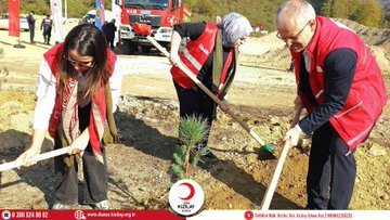First image shows group of people including those in red vests and headscarves planting seedlings in dirt area with shovels and buckets near vehicles and flags under sunny sky with mountains in background. Second image depicts three individuals two women in red vests and one man in vest digging and planting small pine tree saplings in soil beside fire truck. Third image features three people woman in red vest with scarf man in suit and woman in red top standing near potted sapling and watering can in planted area with trees and vehicles nearby.