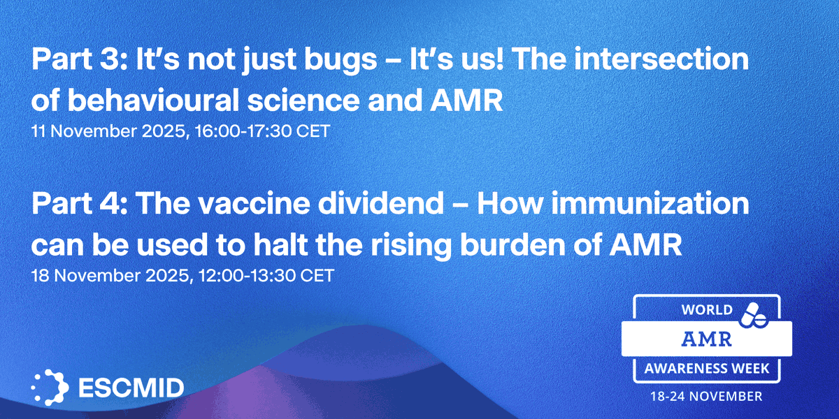 ESCMID's tweet photo. 💊TODAY: In a few moments, the third webinar of our 4-part series leading up to World AMR Awareness Week 2025, will begin. Register now and enter the webinar: https://t.co/D25r9t3pYZ

💊Previous webinars can be found on ESCMID Media: https://t.co/0BAqH9BePV https://t.co/7FbZLsXKBI
