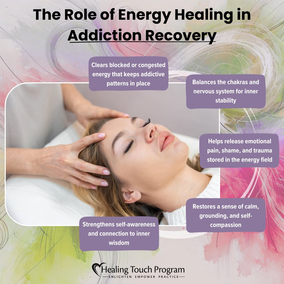 HTProgram's tweet image. Addiction recovery is more than behavior change — it’s energetic healing. 💜
Healing Touch helps clear blocked energy, soothe trauma, and restore balance in mind, body, and spirit. 🌿
#HealingTouchProgram #EnergyHealing #AddictionRecovery #HealingJourney