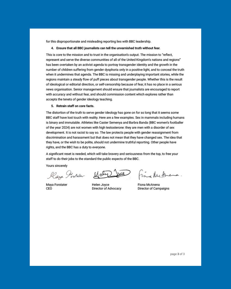 We have written to <a href="/BBC/">BBC</a>’s board calling on its members to return the national broadcaster to its commitment to “pursuing the truth with no agenda”. 

We call on the board to do five things:
1⃣ Root out the oppressive influence of transgender ideology in the organisation.