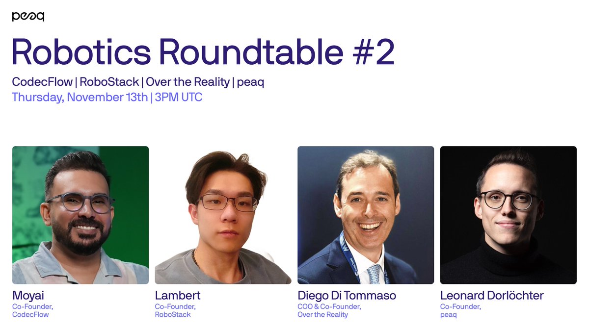 peaq's tweet image. Robots are here – and they’re going onchain

Join the second Robotics Roundtable, featuring @codecopenflow, @RoboStack_io, @OVRtheReality, and peaq’s co-founder @dorloechter, for the latest from Web3’s hottest sector

→ November 13
→ 3pm UTC
→