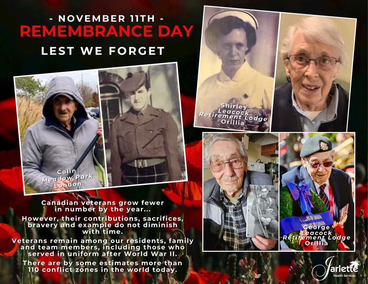 Canadian veterans grow fewer and fewer by the year, but they remain among our residents, family members and team members. Their contributions, sacrifices, bravery and example do not diminish with time. #LestWeForget #Gratitude