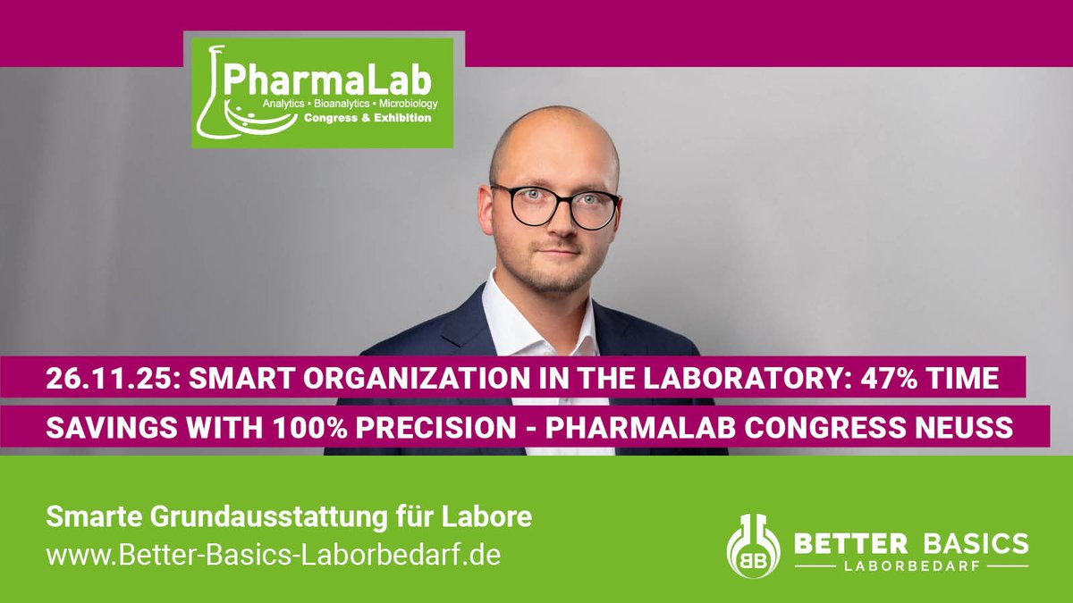 better_basics's tweet image. Smart Organization in the Laboratory: 47% Time Savings with 100% Precision
Am 26.11. präsentiert Mario Schneider, Geschäftsführer der Better Basics Laborbedarf GmbH, auf dem PharmaLab Congress 25in Neuss, wie smarte Arbeitsplatzorganisation Laborprozesse nachhaltig transformiert