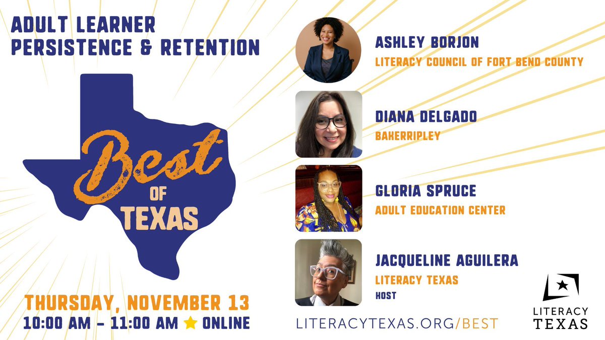 Adult learner persistence is one of the most important topics there is and can make the difference between a program being successful or not. There's still time to sign up for this free one-hour session: literacytexas.org/calendar/best-… 

#BestOfTexas #LiteracyTransformsTX