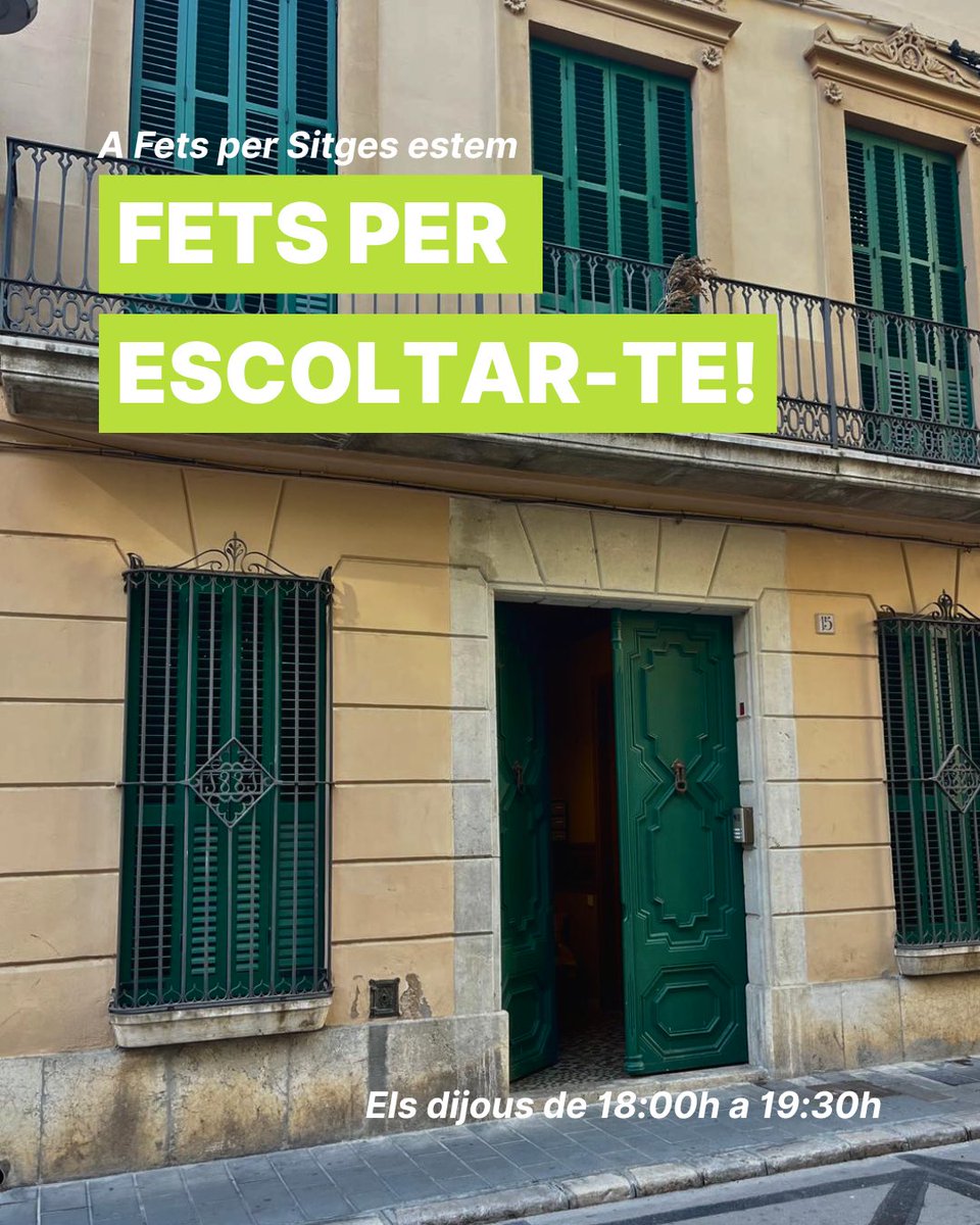 Tens alguna proposta? Vols compartir idees o inquietuds amb nosaltres? Volem escoltar-te!

Vine a parlar amb nosaltres cada dijous de 18h a 19:30h al nostre local del C/Illa de Cuba, 15 (local baixos).

Reserva escrivint a fetspersitges@gmail.com o enviant-nos un missatge privat.