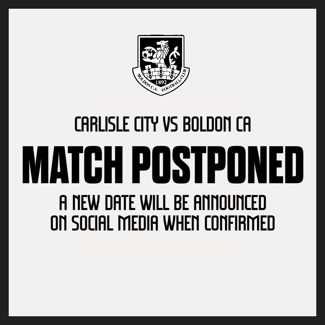 ℹ️ Following an earlier pitch inspection, tonight’s Brooks Mileson Cup action away to <a href="/CarlisleCityFC/">Carlisle City FC Official</a> has been postponed due to a waterlogged pitch.

We will be in communication and find out the rescheduled date asap. 

#CARvBOL | #BoldonCA
