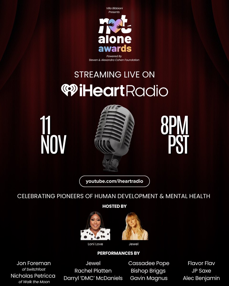 The first annual Not Alone Awards will be streaming TONIGHT on <a href="/iHeartRadio/">iHeartRadio</a> YouTube channel at 8pm PT!

Tune in at: youtube.com/live/_QUj_6VzX…

This special night is presented by <a href="/BibbianiVilla/">Villa Bibbiani</a>, powered by <a href="/cohengive/">Steven & Alexandra Cohen Foundation</a> and co-hosted by <a href="/LoniLove/">Loni Love</a> and Jewel.
