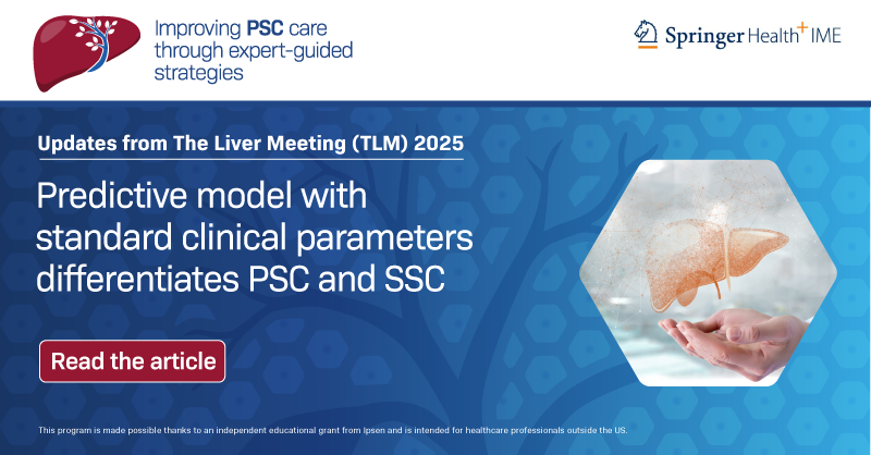 SpringerIME's tweet photo. A novel predictive model combining readily available clinical parameters accurately differentiates between PSC and SSC, shows an Italian analysis presented at AASLD’s The Liver Meeting 2025.
