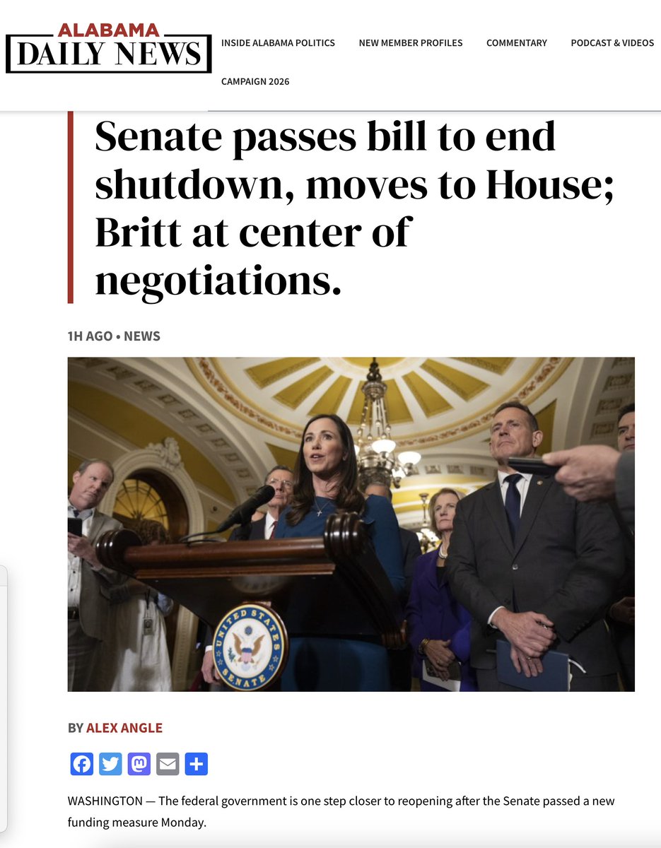 I invite you to read <a href="/alexangle_/">Alex Angle</a>'s coverage from Washington of Sen. Katie Britt's central role in the deal to end the shutdown. Pretty rare for a first-term lawmaker to have this kind of direct influence in such a major negotiation.

#alpolitics