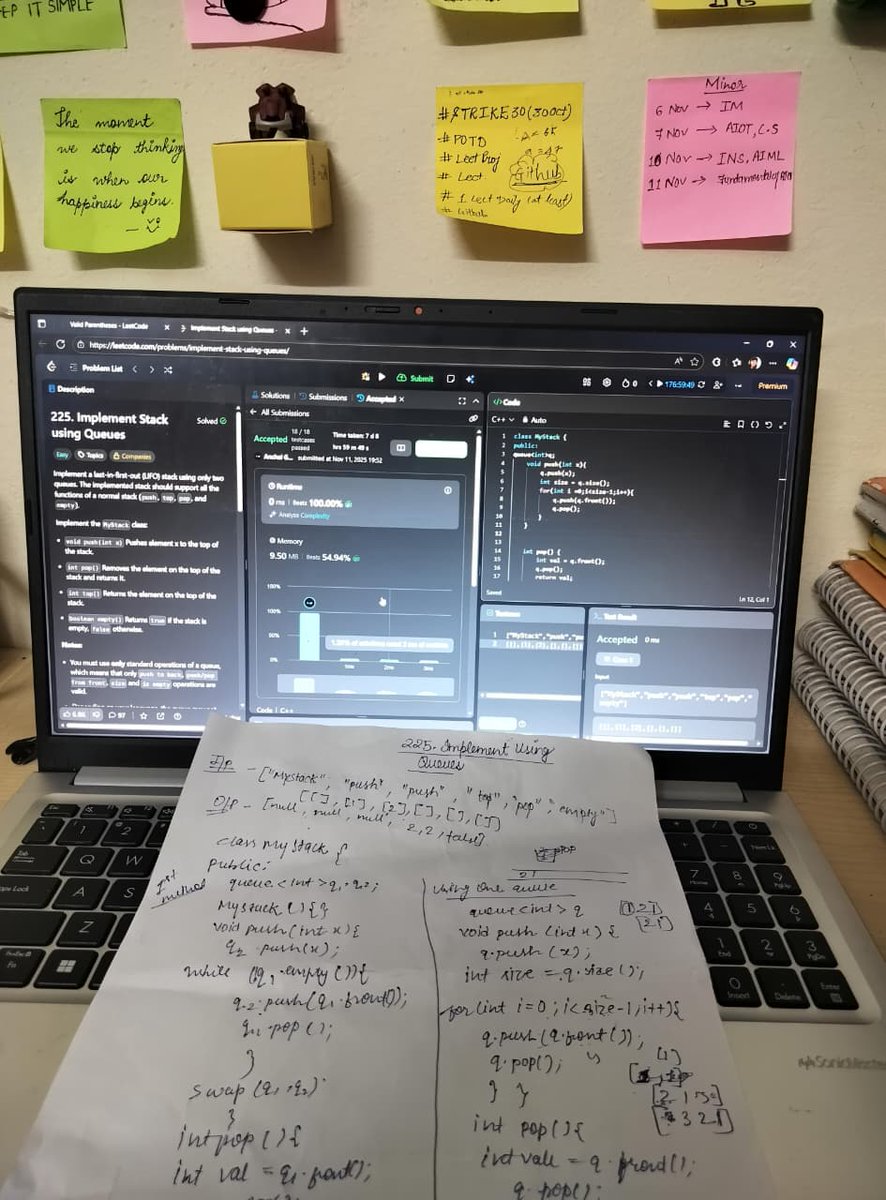 AnchalGupta009's tweet image. Day 43: Implement Stack using Queues 🧩
 Approach: Use single queue &amp;amp; rotate to mimic stack behavior 🔄
Push → Rotate → Pop front = Top element 
Runtime: 0ms 🚀
Code Link: github.com/anchal-dev/Lee…
#LeetCode #Day43 #CPP #DataStructures #ProblemSolving #QueueLogic