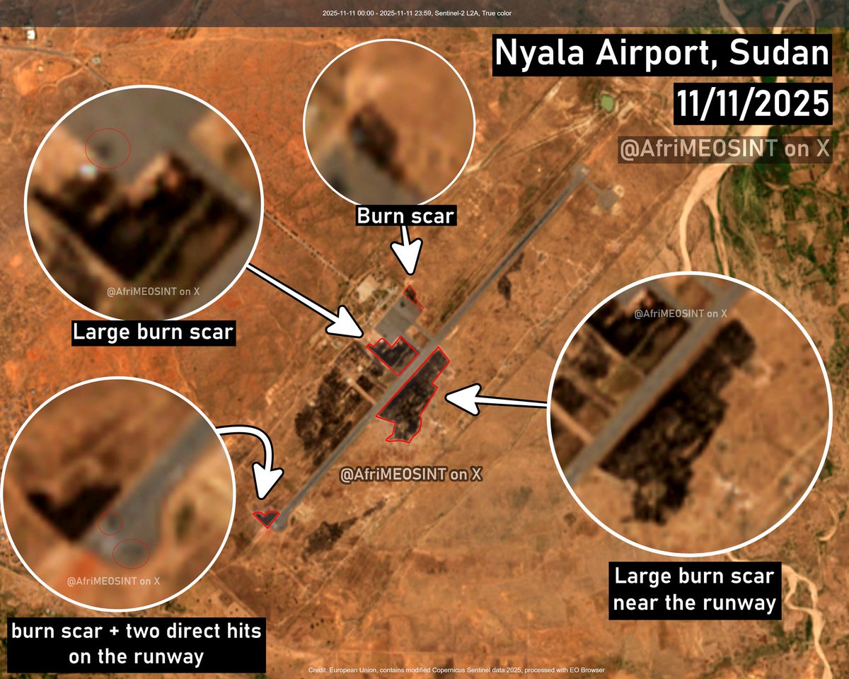 Nyala Airport in Sudan’s South Darfur 🇸🇩, has been confirmed struck in what appears to be a large-scale airstrike. Recent satellite imagery shows four major burn scars, two beside the runway &amp; two near the tarmac, with multiple direct hits observed on both the runway and tarmac.