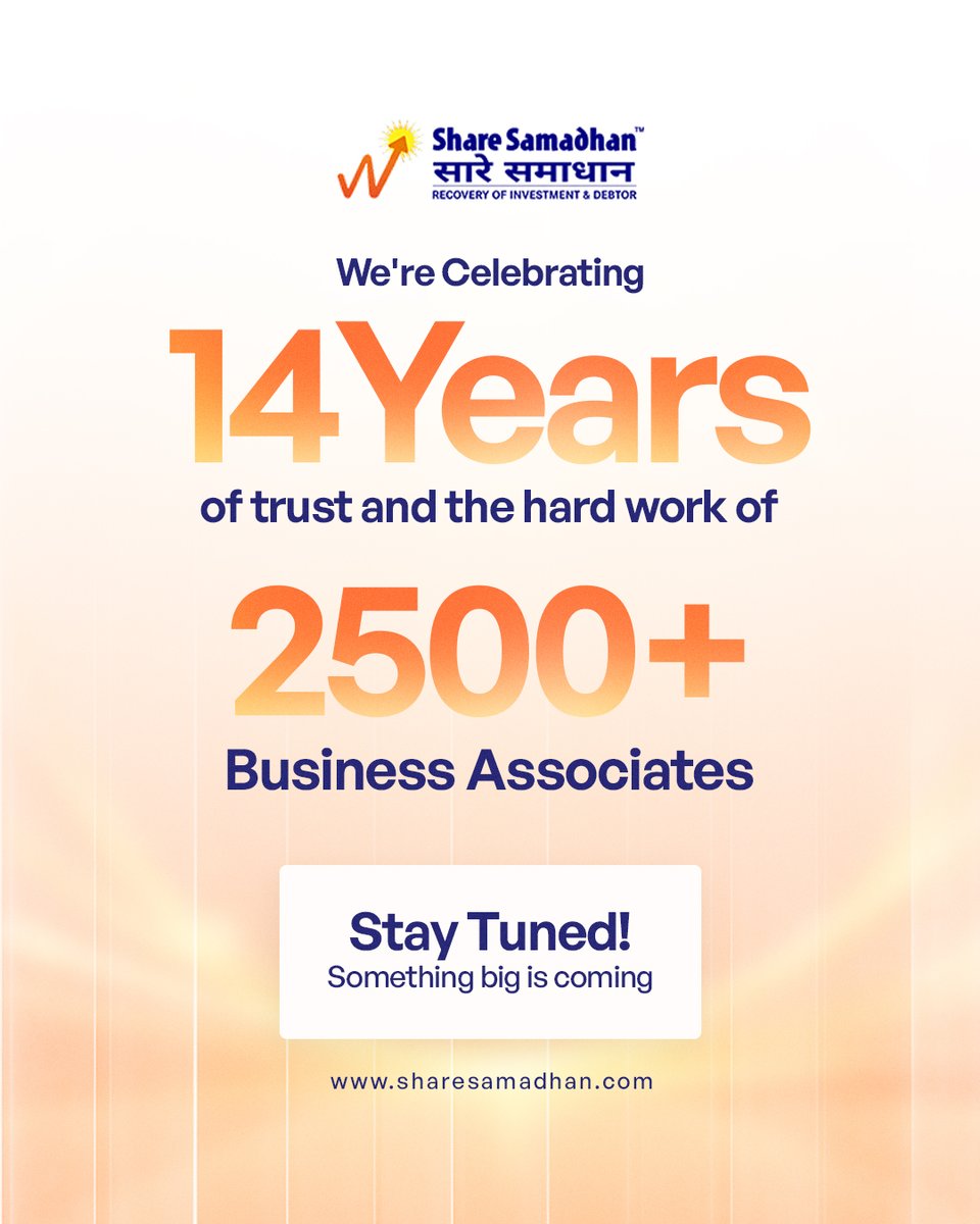 14 years of trust, growth &amp; purpose — and 2,500+ partners strong! 
We’re ready for the next leap. Join us and reclaim what’s rightfully yours.

👉 sharesamadhan.com/become-busines…

#ShareSamadhan #FinancialFreedom #ReclaimYourWealth #SuccessTogether
