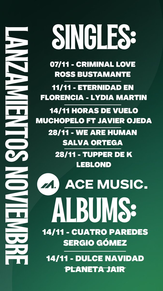 🎧 Si aún no conoces nuestros lanzamientos del mes, aquí tienes el listado oficial 👇
Sigue nuestra playlist de Novedades ACE Music y no te pierdas ninguna de las joyas que trae este mes 💎🔥

open.spotify.com/playlist/4PQpn…