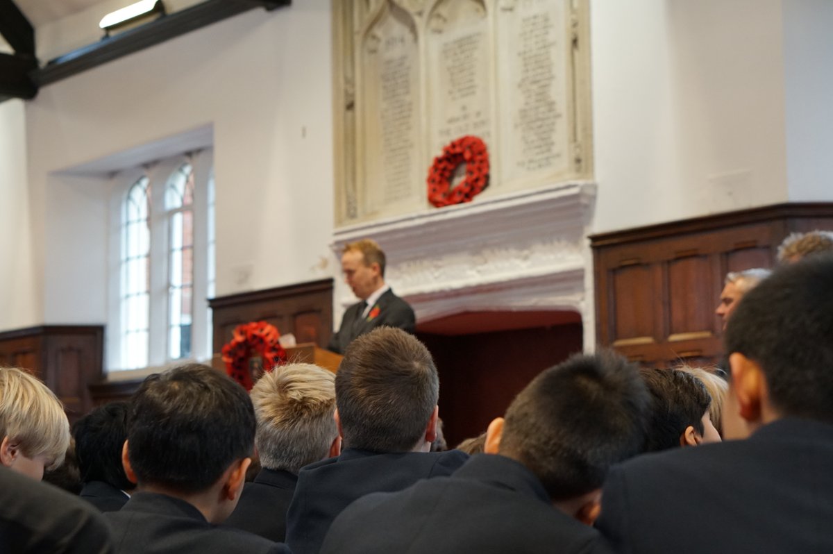 RGSGuildford's tweet photo. #RGSRemembrance Our students were involved in various acts of remembrance today, including our First Form assembly & our whole-school assembly when OG Mr Gil Carter laid a wreath in memory of the Old Guildfordians who fell in the two great World Wars  . #LestWeForget #WeWillRememberThem