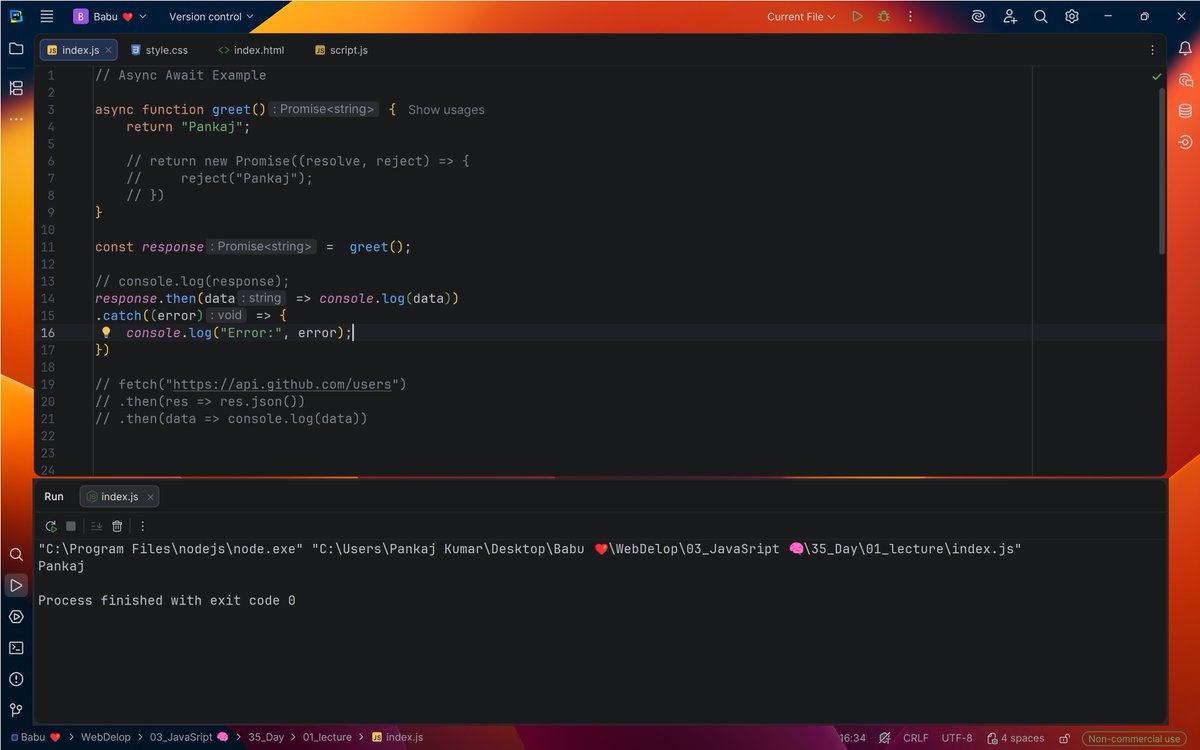PankajB42550's tweet image. 🚀 Day 35 — Web Dev Journey!
🎯 Topic: Async/Await &amp;amp; Top-Level Await
▶️ youtu.be/AyBpssNYB6g?si…

🙏 Instructors:
@adityatandon02
@rohit_negi9

✅ Why top-level await blocks everything
✅ Proper async/await usage
✅ Non-blocking async patterns

#JavaScript #AsyncAwait #Frontend