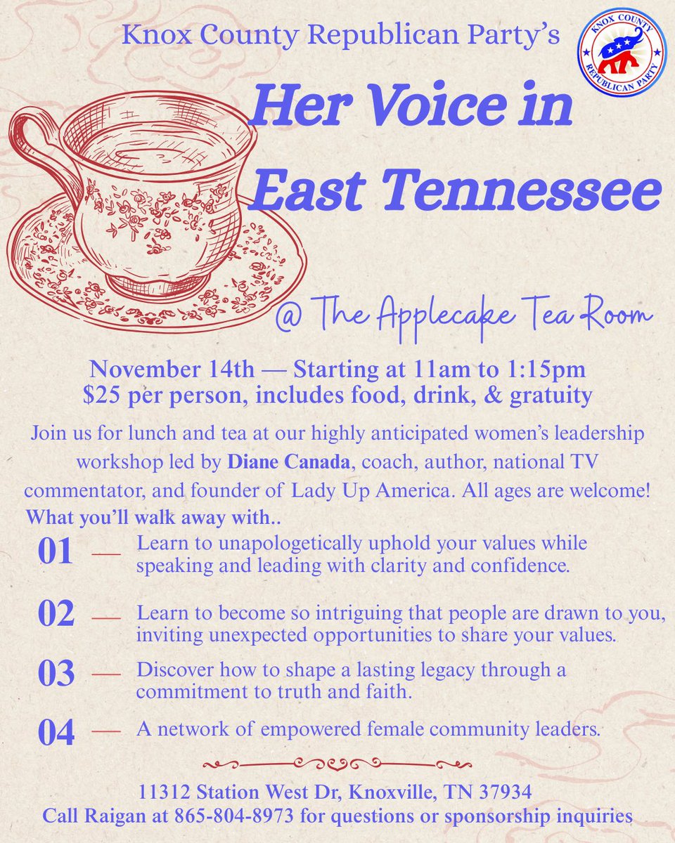 This Friday!! 👒Republican women.. do you want to share your values with more clarity, lead with confidence, and inspire others like never before?
Our first-of-its-kind Republican Women’s Workshop is November 14th at 11am! Come have lunch and enjoy tea with friends, new and old,