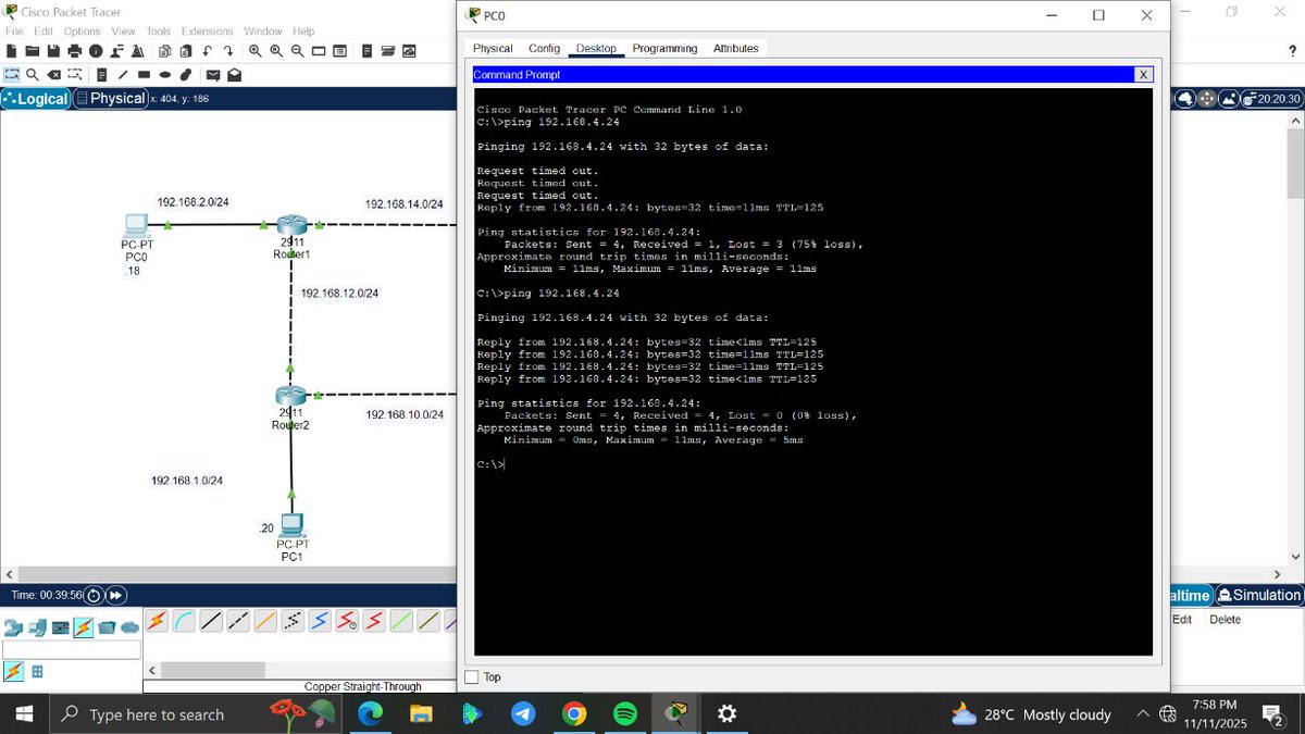 amyy_nwa's tweet image. Day 5/100 #100DaysOfNetworking
Connected 4 PCs across 4 routers,Configured interfaces and static routes on each router.Tested connectivity by pinging PC0 to PC2.
Routers enable communication between different networks. @ireteeh @TemitopeSobulo @sisinerdtweets @OnijeC @segoslavia