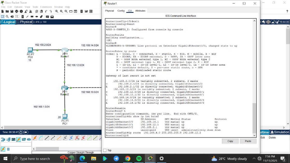 amyy_nwa's tweet image. Day 5/100 #100DaysOfNetworking
Connected 4 PCs across 4 routers,Configured interfaces and static routes on each router.Tested connectivity by pinging PC0 to PC2.
Routers enable communication between different networks. @ireteeh @TemitopeSobulo @sisinerdtweets @OnijeC @segoslavia