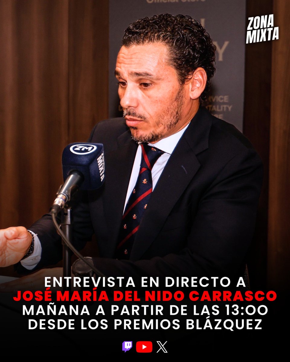 🔴⚪️🚨 ENTREVISTA EXCLUSIVA en DIRECTO a DEL NIDO CARRASCO.

‼️⏰ MAÑANA desde las 13h en los Premios Blázquez del <a href="/SevillaFC/">Sevilla Fútbol Club</a>.

📺 En nuestros canales de YouTube y Twitch:
🟣 twitch.tv/zonamixta_
🔴 youtube.com/@zonamixta_
