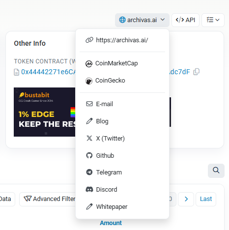 Archivas is now officially verified on BscScan.
All our socials, links, and whitepaper are live, including $RCHV price data fully reflected on-chain.

✅ Website: archivas.ai

✅ Verified Contract: 0x44442271e6CA7336a29032838d70675680Adc7dF
✅ BscScan Profile: Now