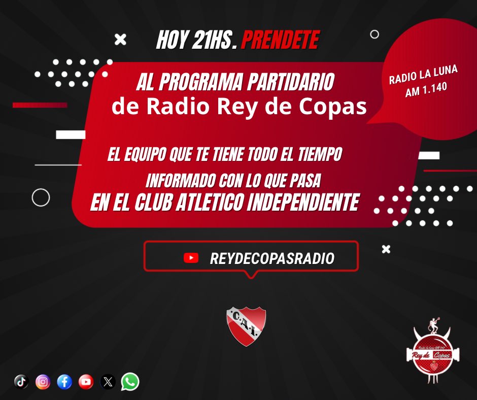 Hoy 21 hs., se viene un programa especial con un invitado de lujo.
Actualidad, análisis y la charla que querías escuchar.

🎙️ Encendé la radio y vivilo con nosotros por la emisora de Radio La Luna Am1.140 o por nuestro Canal de YouTube: ReyDeCopas Radio

youtube.com/@reydecopasrad…