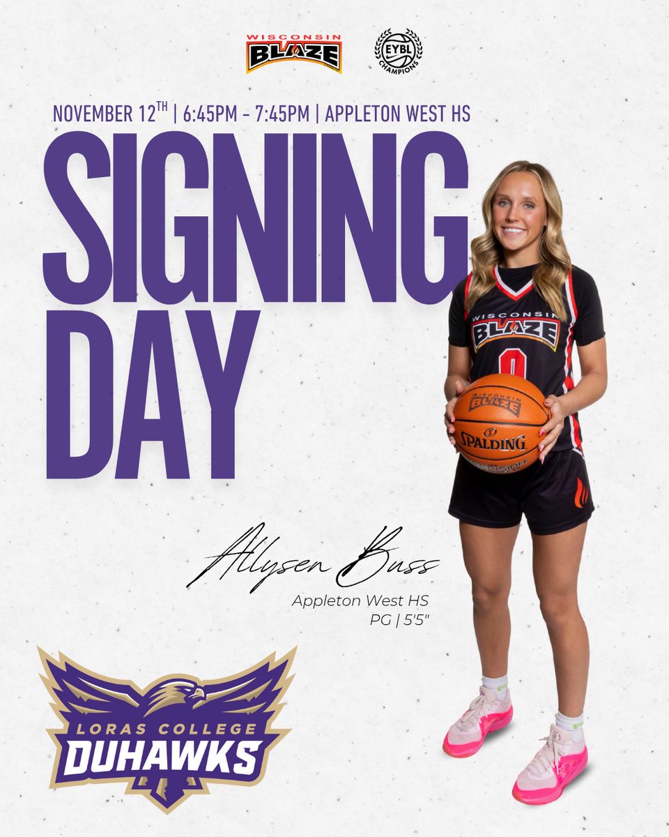 AllysenBuss's tweet photo. TOMORROW‼️
@ 6:45 📍Appleton West Auditorium 
time to make it official. So grateful for this journey and opportunity. 
GO DUHAWKS💜🦅
#GRIT #LorasCollege
@LisaMVanWyk @lorascollege @DuhawkWBB @WisconsinBlaze https://t.co/YukuCQ7uwn