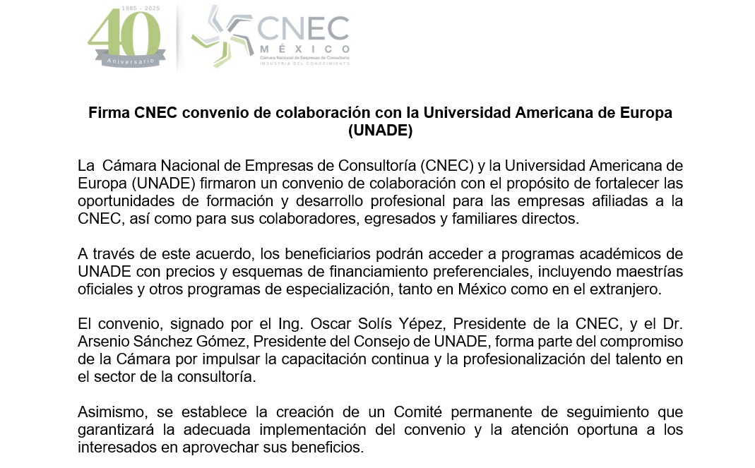 CNEC_Mexico's tweet photo. La CNEC y la UNADE firman un convenio para impulsar la formación y competitividad de nuestras empresas afiliadas.
Unidos por el conocimiento, la innovación y la excelencia empresarial.
Más información: https://t.co/FGdyg7cp13
#CNEC #UNADE #EmpresasAfiliadas #Educación #Innovación https://t.co/11NM3C2NFf