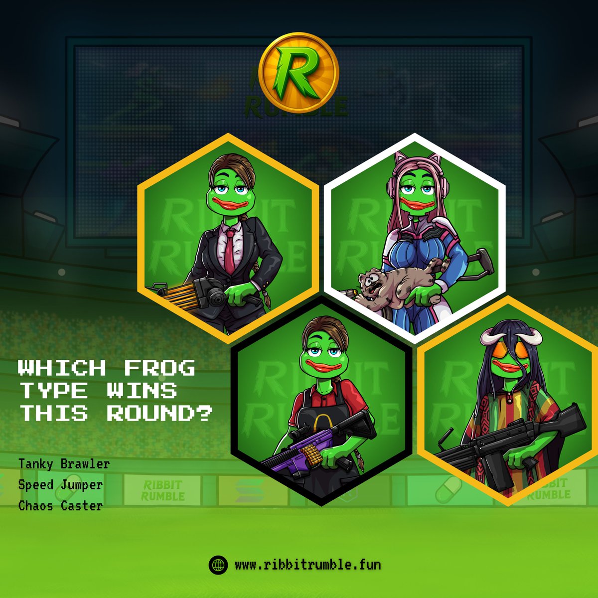 ribbitrumble's tweet photo. Every frog fights differently. ⚔️ 

Will the Tanky Brawler crush, the Speed Jumper out-maneuver, or the Chaos Caster rewrite reality? Comment your pick below and let the swamp decide who reigns supreme. 
https://t.co/cyONsPeC6X 

#RibbitRumble #CryptoGaming #NFTCommunity https://t.co/LMu024CnfK
