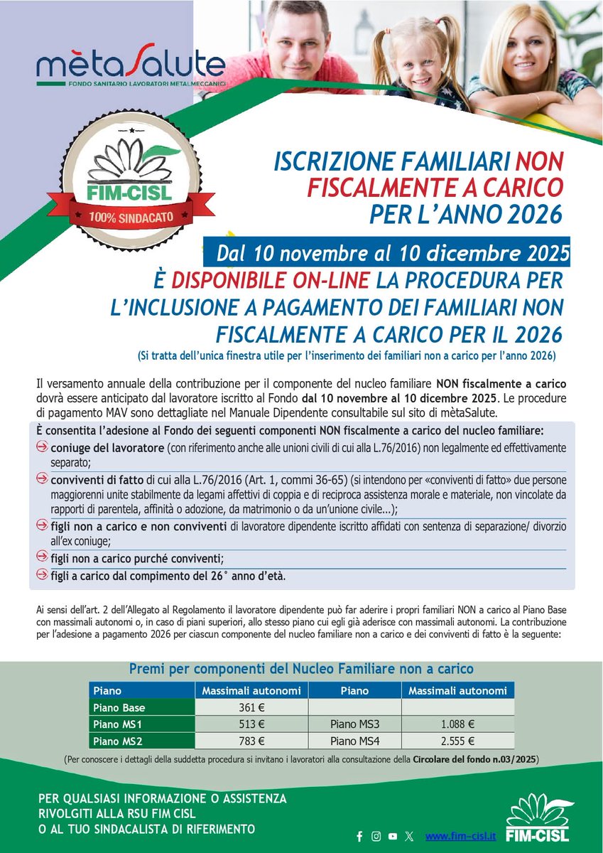 FimMilanoMetro's tweet photo. 📣 #MetaSalute   
📌Iscrizione Familiari non fiscalmente a carico per l'anno 2026;
🚨dal 10 novembre al 10 dicembre 2025;

È disponibile on-line la procedura per l'inclusione a pagamento dei familiari non fiscalmente a carico per il 2026 👇 https://t.co/BIfLOXdMq0