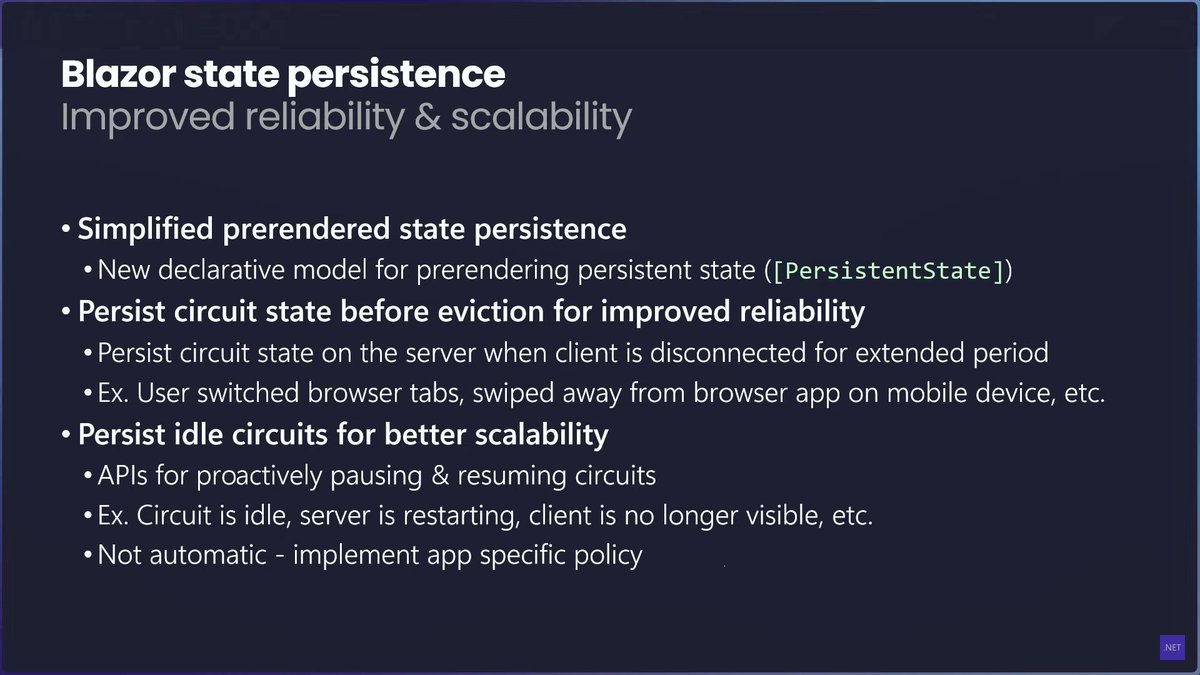 CHBernasconiC's tweet image. Blazor State Persistence is a significant new feature in .NET 10. #dotNETConf

It allows persisting the state between different Circuits for the same user.