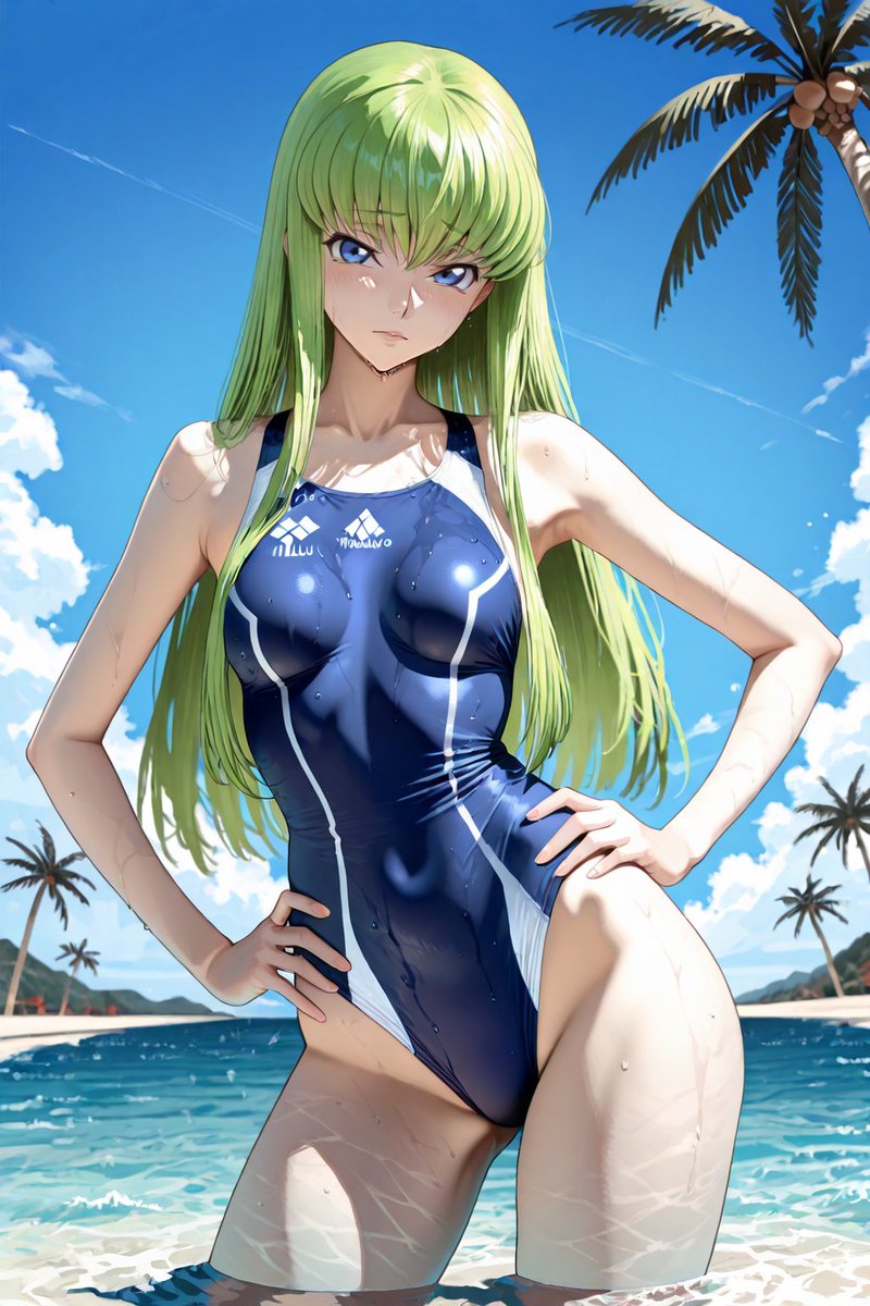 tanicoILLUsub's tweet image. AIart 生成AI (予約/Scheduled) SFW
●C.C. ＃コードギアス ＃Codegeass
深夜早朝ですがこんばんは / Good evening～
C.C. posing in a swimsuit on the beach