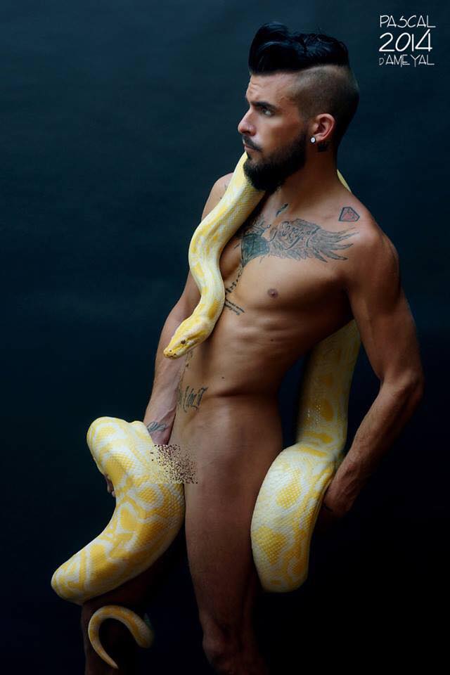 Teddy Lamalice with a giant yellow python and nothing else... 🥰 🔥 🐍