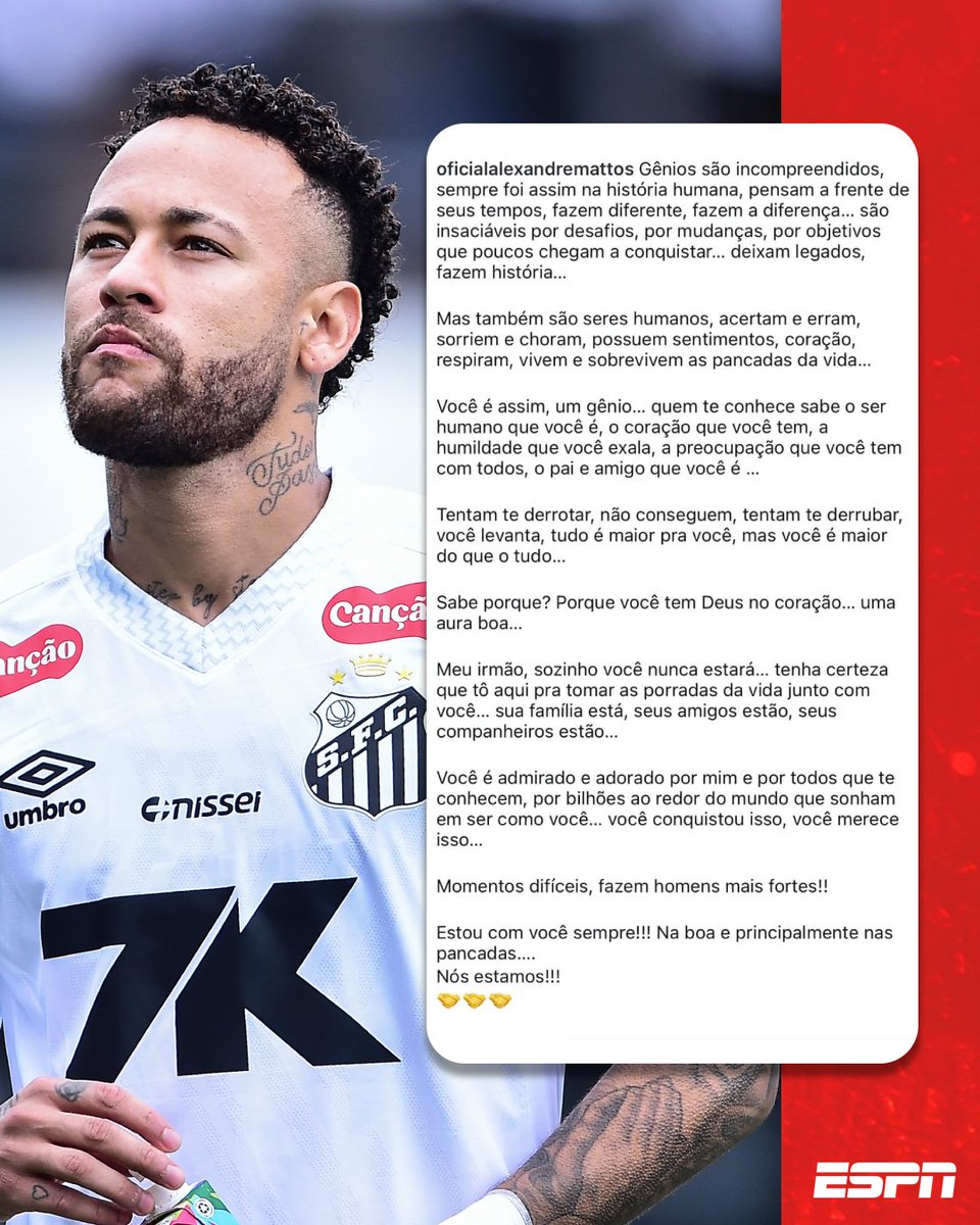 SportsCenterBR's tweet photo. 'GÊNIO INCOMPREENDIDO!' 🗣️⚪⚫ Alexandre Mattos saiu em defesa de Neymar!
#FutebolNaESPN #Neymar #Santos #AlexandreMattos https://t.co/jtGAZjdIo1