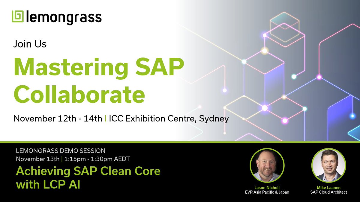 LemongrassCloud's tweet image. If you’re at Mastering SAP Collaborate, don’t miss Lemongrass present on SAP Clean Core with Lemongrass LCP AI — Nov 13, 1:15–1:30 pm.  Find out more here. hubs.la/Q03SzVm80  #MasteringSAP #SAPTechEd #TechEdonTour #CleanCoreAI