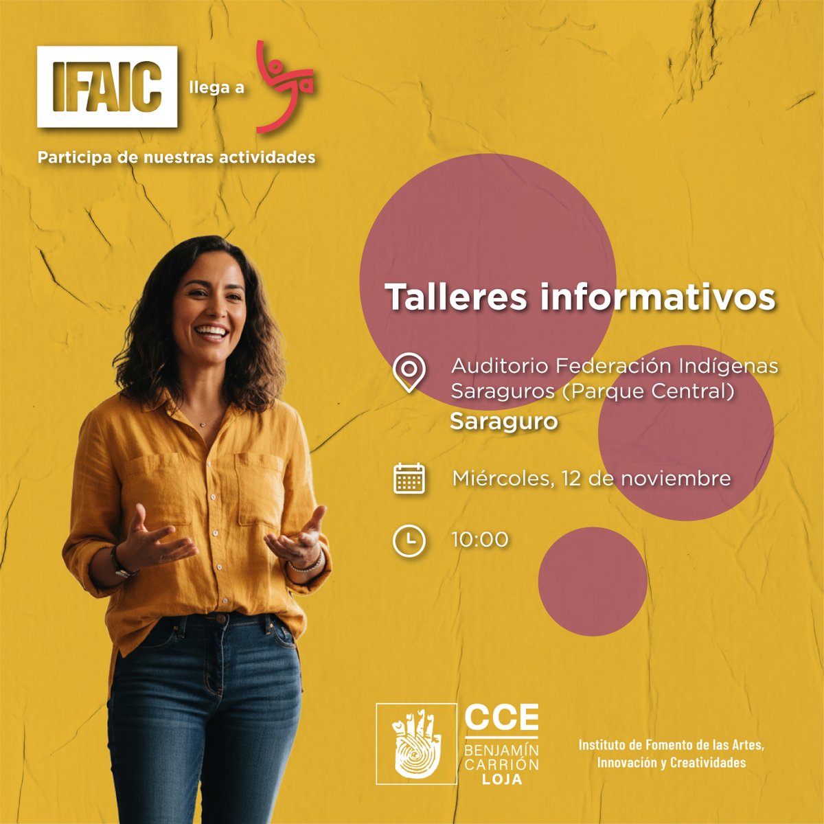 Creatividad_Ec's tweet photo. Llevamos el fomento a todo el Ecuador. 🇪🇨✨
Conoce más sobre nuestro trabajo en las jornadas que el Instituto de Fomento de Artes, Innovación y Creatividades (IFAIC) desarrollará en la provincia de Loja.
¡Acceso libre! ✅ https://t.co/qzgEZe49HC