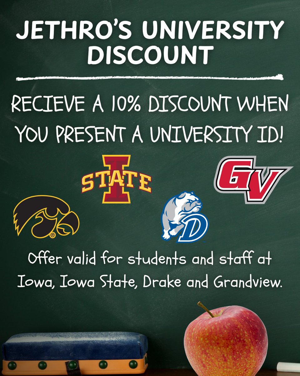 jethrosbbqdsm's tweet image. Study Break Never Tasted This Good 🍽️📚
Present your university ID from Iowa, Iowa State, Drake, or Grand View and get 10% off your order!🦅🌪️🐶⚔️
Grab your friends and fuel up at Jethro&apos;s BBQ. 

#Student #StudyBreak #Iowa #College

*Offer valid in stores only