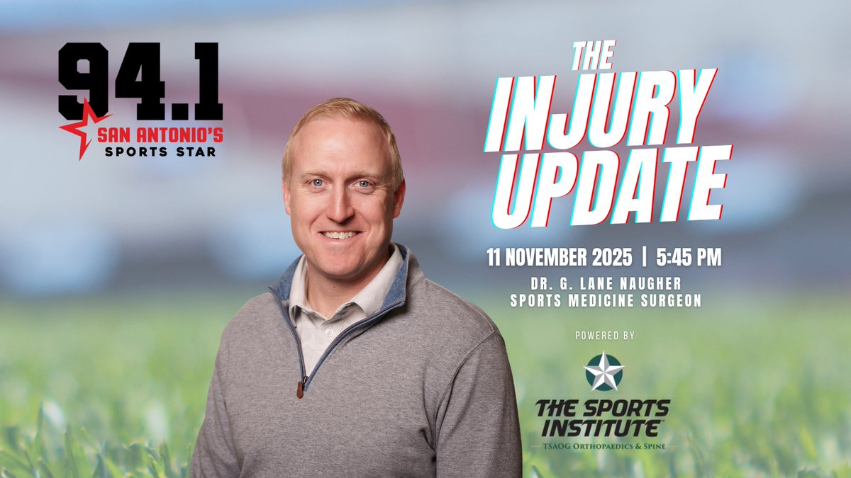 Tune in TONIGHT at 5:45 PM to 94.1 FM for the SASportsStar Injury Update! 

Tonight’s show will feature sports medicine physician, Dr. G. Lane Naugher. Topics include current professional athlete injuries and their recoveries. #SportsMedicine

tunein.com/radio/The-Blit…