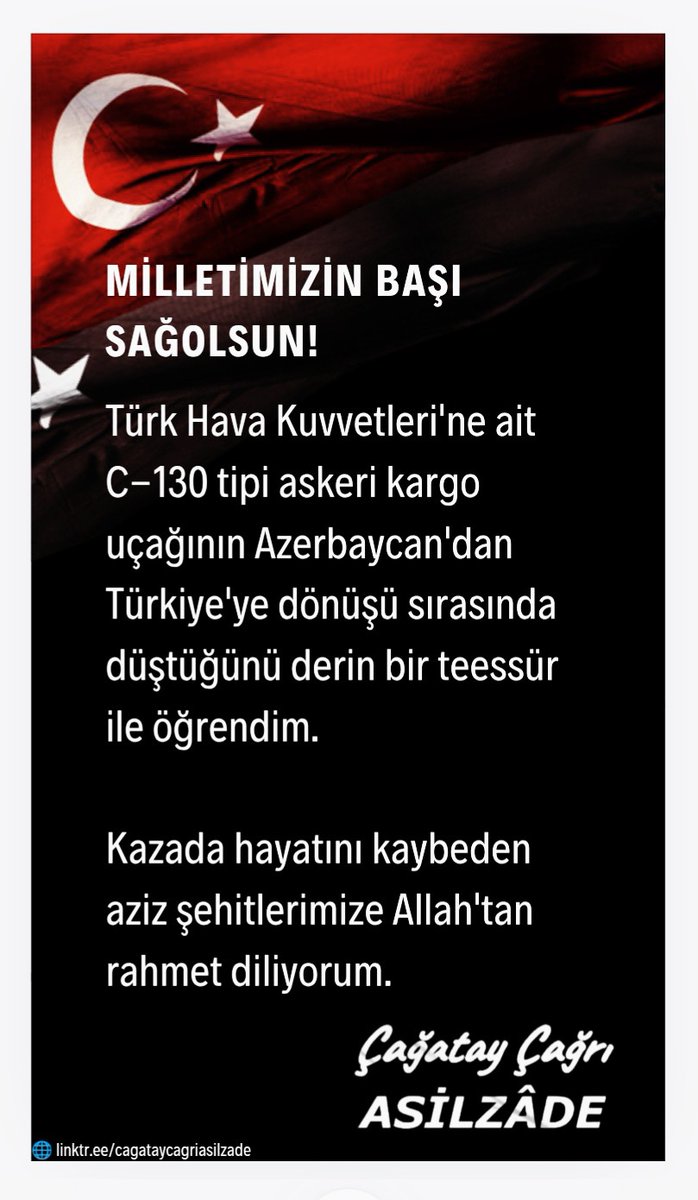 CCAsilzade's tweet image. MİLLETİMİZİN BAŞI SAĞOLSUN!

Türk Hava Kuvvetleri&apos;ne ait C-130 tipi askeri kargo uçağının Azerbaycan&apos;dan Türkiye&apos;ye dönüşü sırasında düştüğünü derin bir teessür ile öğrendim.

Kazada hayatını kaybeden aziz şehitlerimize Allah&apos;tan rahmet diliyorum.

↪️instagram.com/cagataycagrias……
