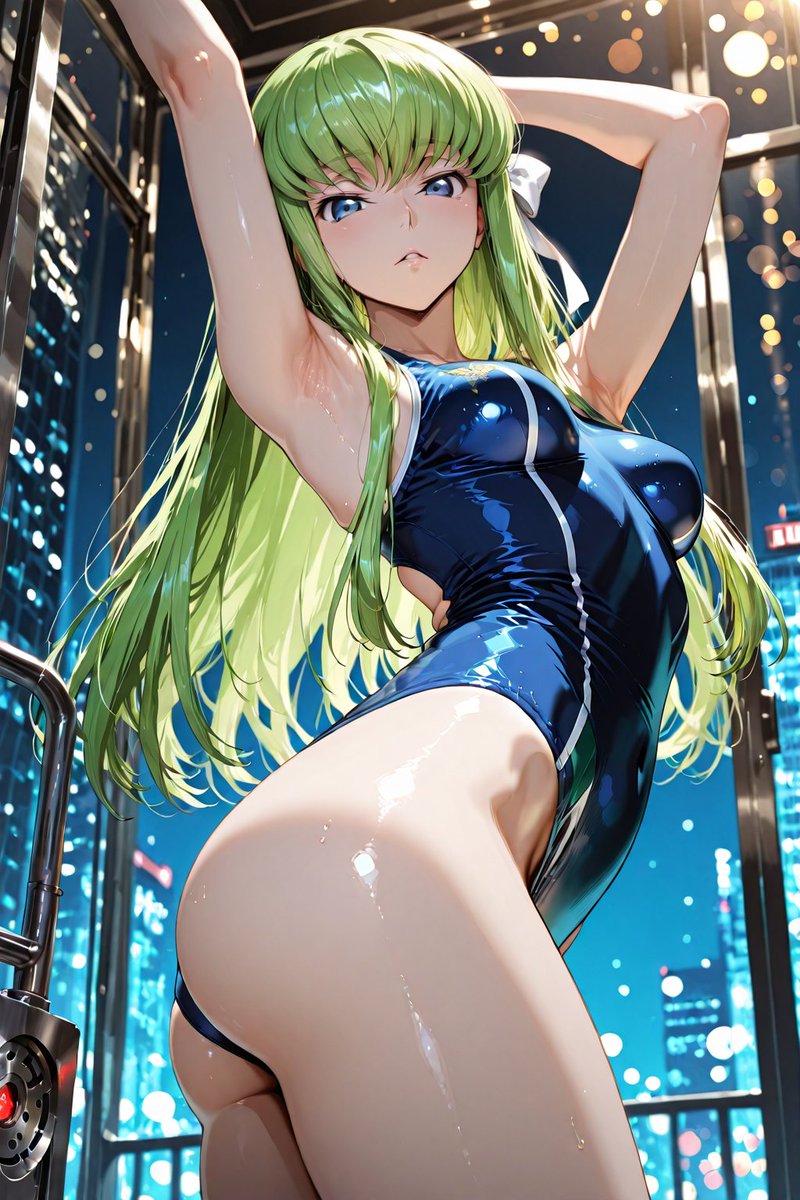 tanicoILLUsub's tweet image. AIart 生成AI (予約/Scheduled) SFW
●C.C. ＃コードギアス ＃Codegeass
こんばんは / Good evening～
C.C., wearing a competitive swimsuit, is photographed in an elevator with a night view of buildings in the background.