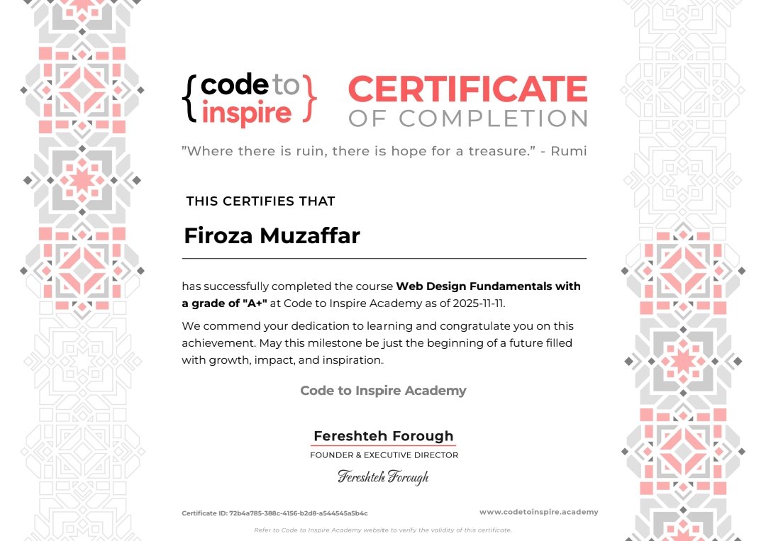 FirozaMuza46835's tweet image. 🎉 Just completed Web Design Fundamentals at Code to Inspire! 💻✨ Learned HTML, CSS &amp;amp; JavaScript, and built responsive, interactive websites. Grateful to @E_Ehrari &amp;amp; @f_forough for this empowering journey! 🚀

#WebDesign #Frontend #CodeToInspire #TechSkills